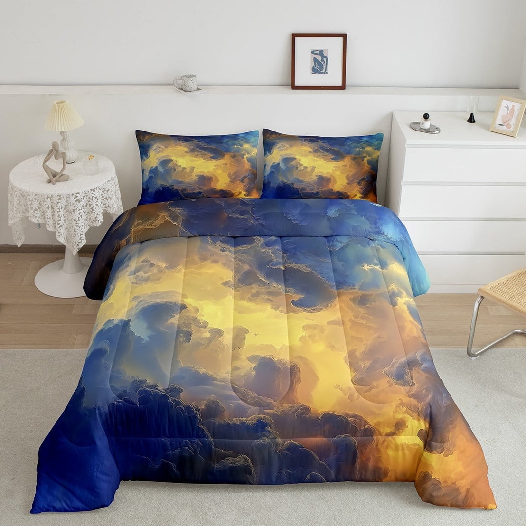 Beauty Weather Nature Queen Comforter Set Teens Adults,Oil Painting Clouds Bedding Set,Sunscape Down Comforter Bedroom Decor,Watercolor Bed Set