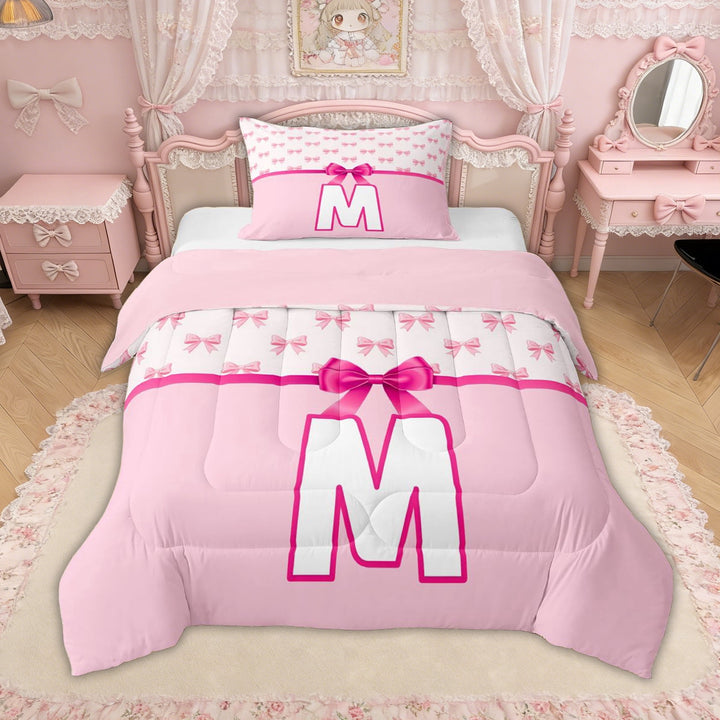 Erosebridal Pink Bow Letter M Twin Comforter Sets for Girls, Cute Princess Bowknot Bedding Set, Pink Reversible, 2pcs