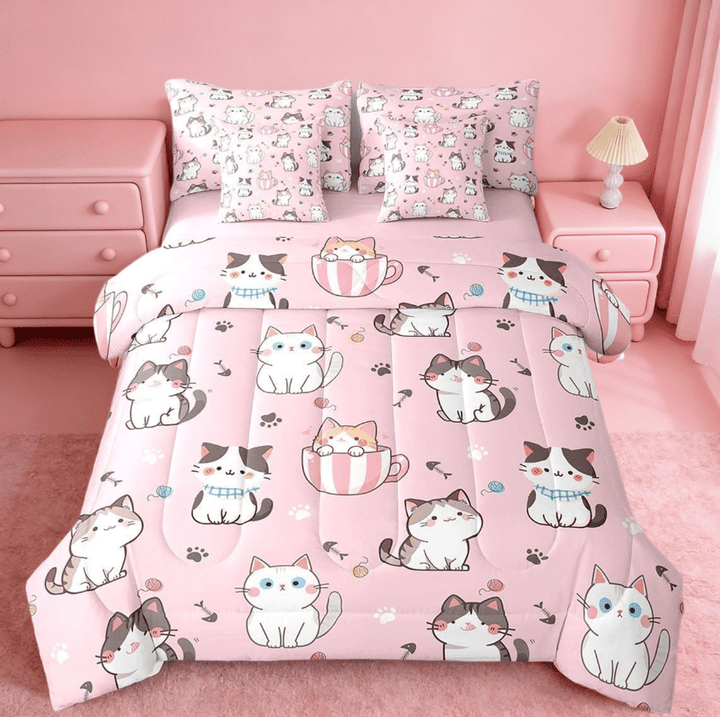 Manfei Kawaii Cat 7 Pieces Bedding Comforter Set For Boys Girls,Cats Print Kawaii Cartoon Full Bedding Set Cute Kitten Pink Animal Themed Reversible