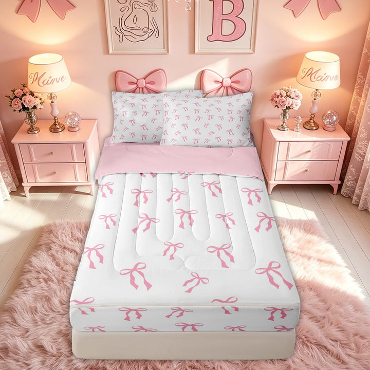 meiyoeat Minimalist Bow Print Zipper Twin Comforter Sets with Fitted Sheet and 2 Pillowcases for Kids Girls, Simple Cartoon Ribbon Zipper Bedding Set, Pink White, Pink ReversibleG