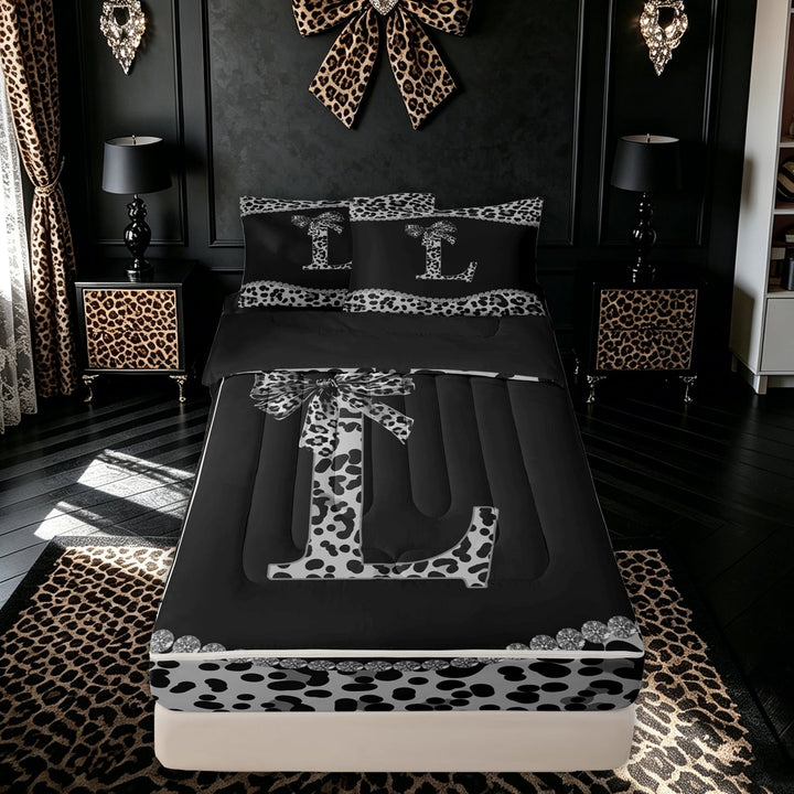 meiyoeat Cheetah Print Bow L Letter Zipper Twin Comforter Sets with Fitted Sheet and 2 Pillowcases for Women Girls, Fashion Princess Style Zipper Bedding Set, Black White, Black Reversible, 4 Pieces