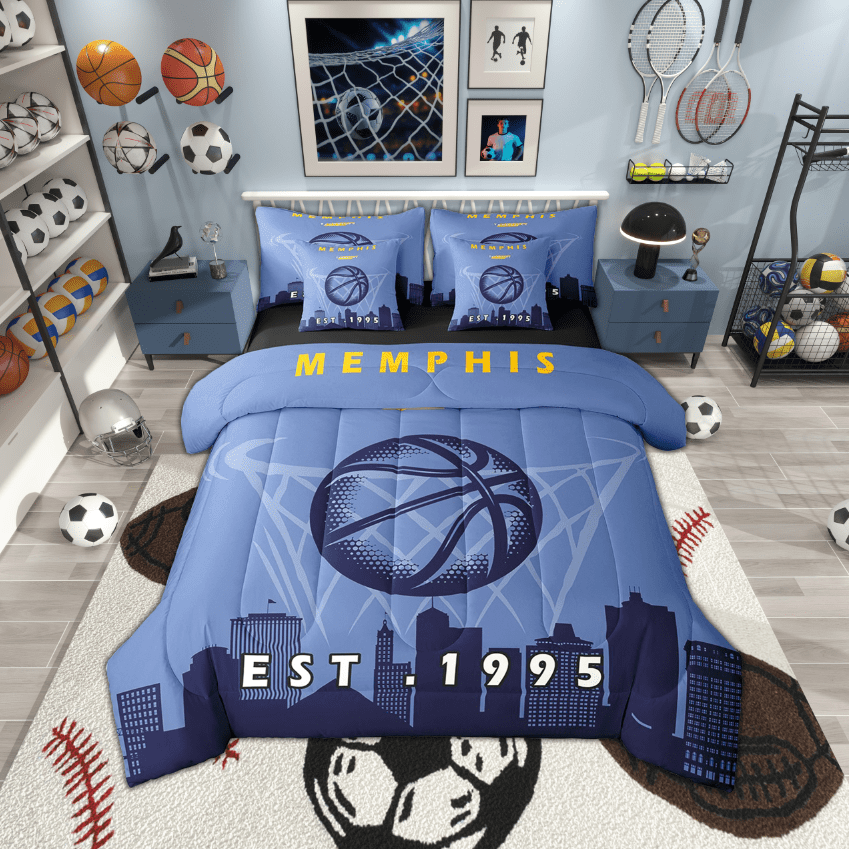 Erosebridal 7 Pcs Comforter Set Full Size,Basketball Bed in a Bag with Flat Sheet and Fitted Sheet and Adults,Sports Bedding Set with Pillowcase and Sham,Memphis