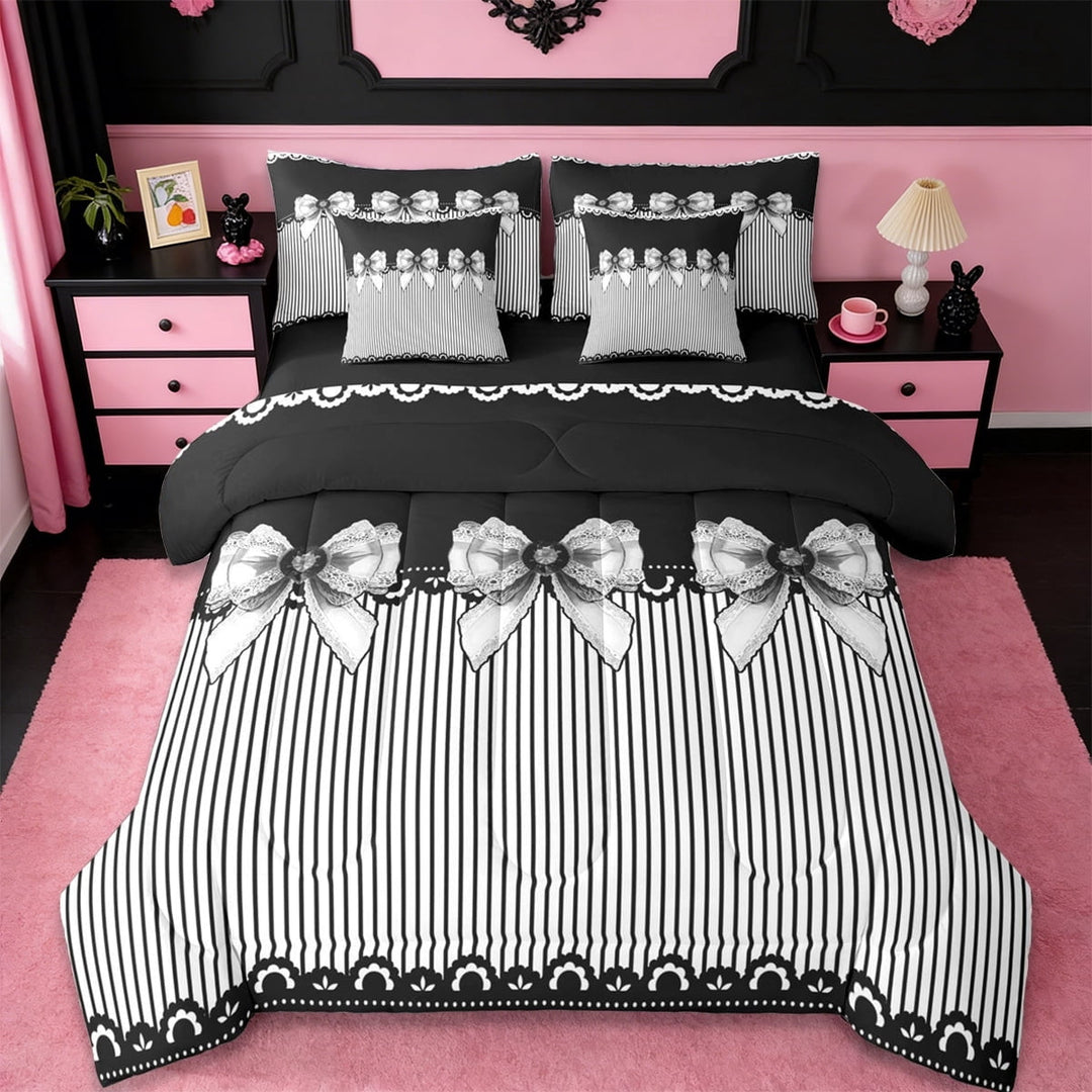 Erosebridal Cute Kawaii Bowknots 7-Piece Twin Bedding Sets,Modern Geometric Lines Bedding Comforter Set For Bowknot Lovers,Reversible
