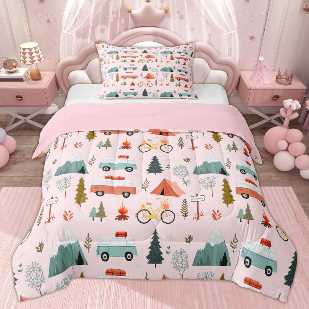 Erosebridal Pink Retro Camping Twin Comforter Sets, Mountain Tent Bedding Set for Men and Women, 2pcs
