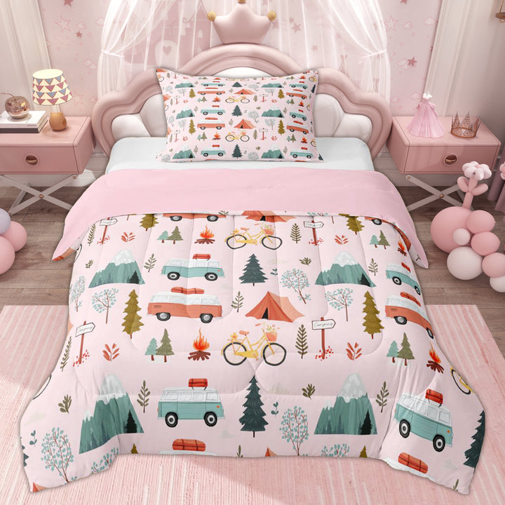 Erosebridal Pink Retro Camping Twin Comforter Sets, Mountain Tent Bedding Set for Men and Women, 2pcs
