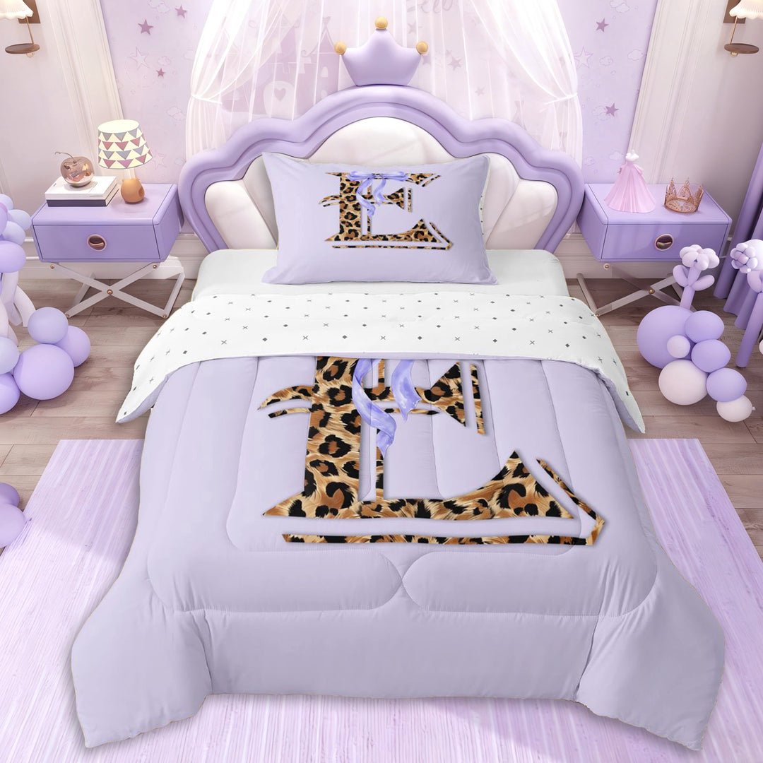 Erosebridal Teens Personalized Initial E Twin Comforter Sets 3-Piece,Girls Purple Bow Cheetah Print Bedding Set,Microfiber Bedroom Decor