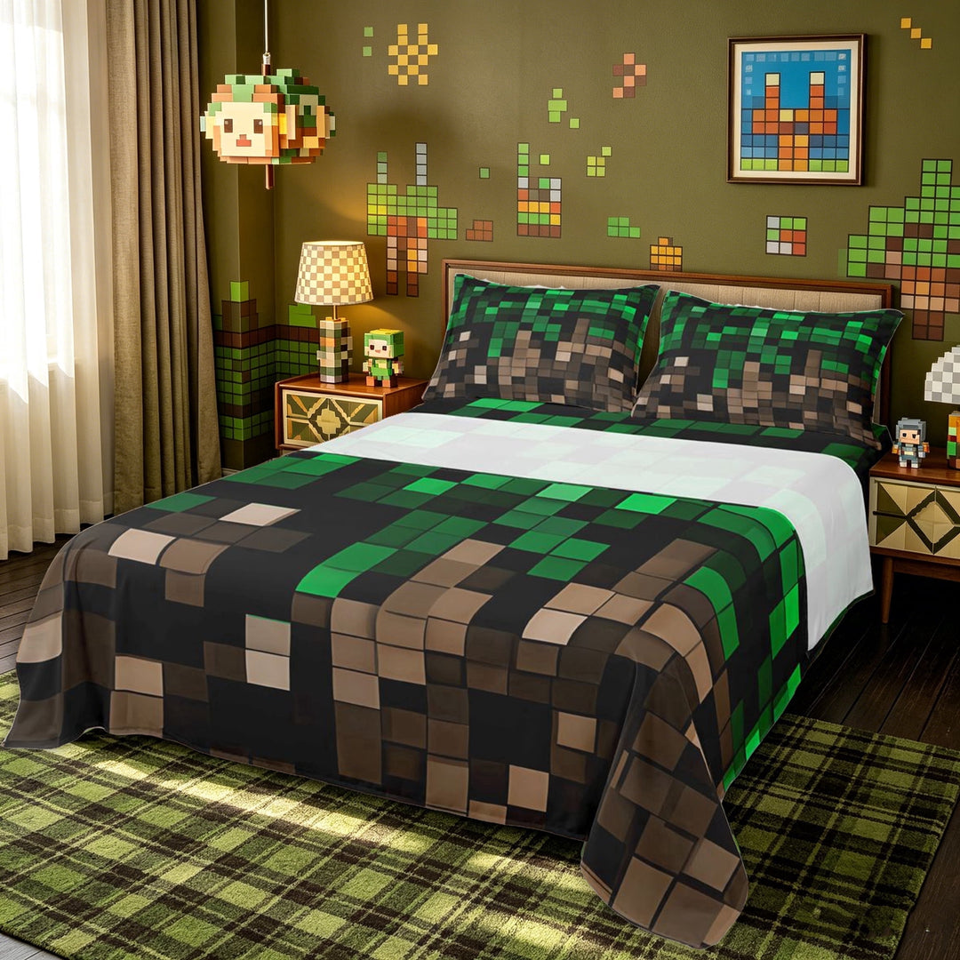 meiyoeat Dark Grass Block Bed Sheets for Kids Boys, Gaming Pixel Full Size Sheets for Dorm, Green Brown, 4pcs