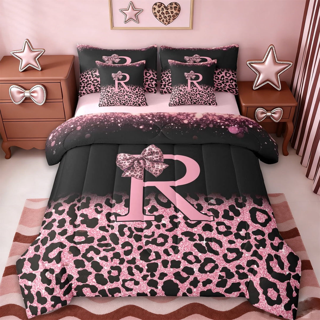 Erosebridal Chic Cheetah Pattern 7-Piece Twin Bedding Sets,Pink Glitter Print Bowknot Letter R Bedding Comforter Set For Girls Kids,Reversible pink