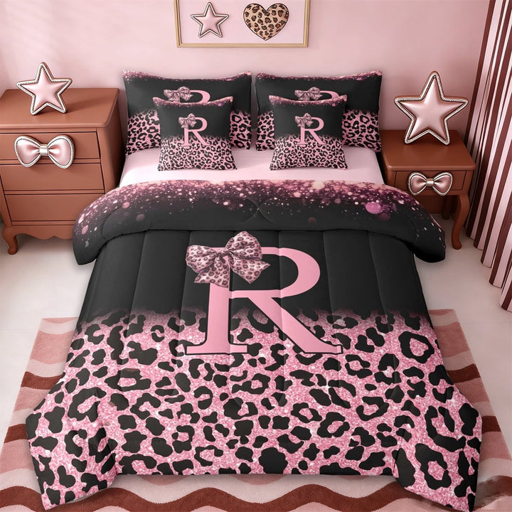 Erosebridal Chic Cheetah Pattern 7-Piece Twin Bedding Sets,Pink Glitter Print Bowknot Letter R Bedding Comforter Set For Girls Kids,Reversible pink