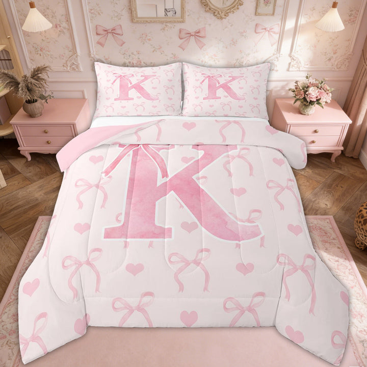 Erosebridal Pink Bowknot Bedding Sets Full with Comforter, Retro Initial K Letter Duvet Insert, Love Decor, Reversible 3pcs