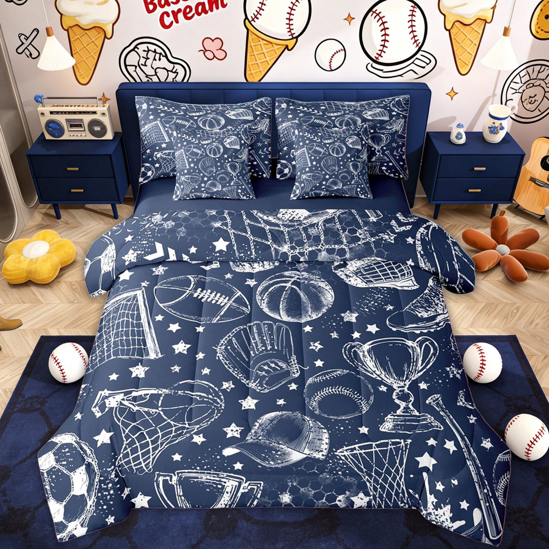 Erosebridal Football Sports Twin Bedding Sets, Navy Star Bedding Comforter Set for Boys and Girls, 7pcs