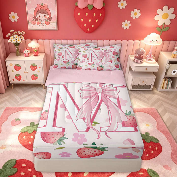 meiyoeat Strawberry Letter A Zipper Comforter Set with Fitted Sheet and 2 Pillowcases for Girls, Kawaii Bowknot Floral Zipper Bedding Set for Bedroom, Pink, Pink Reversible, 3 Pieces