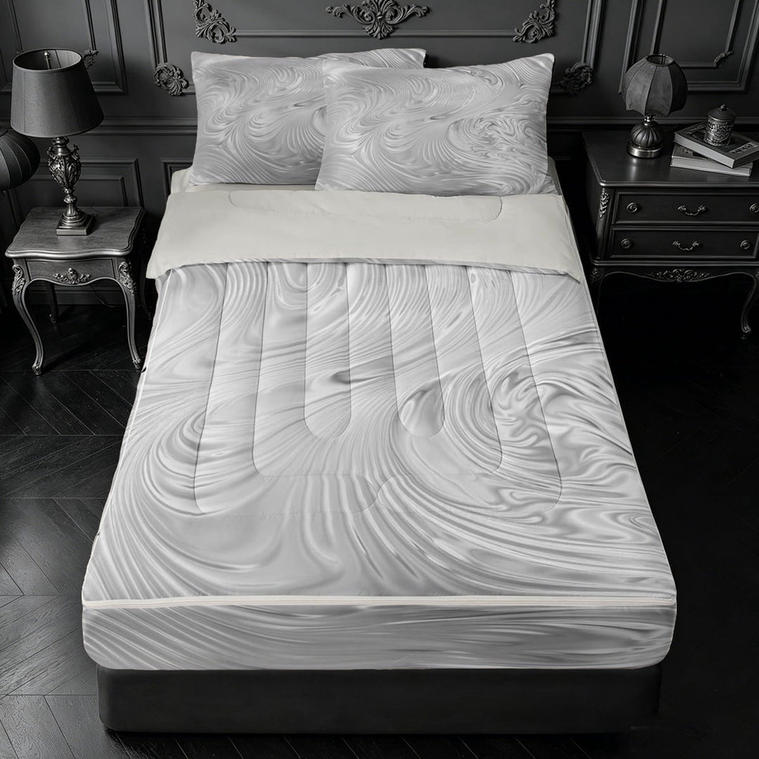 meiyoeat Silver Swirl Striped Zipper Twin Comforter Sets with Fitted Sheet and 2 Pillowcases,Modern Minimalist Artwork Zipper Bedding Set For Girls,Light Gray Reversible,4pcs