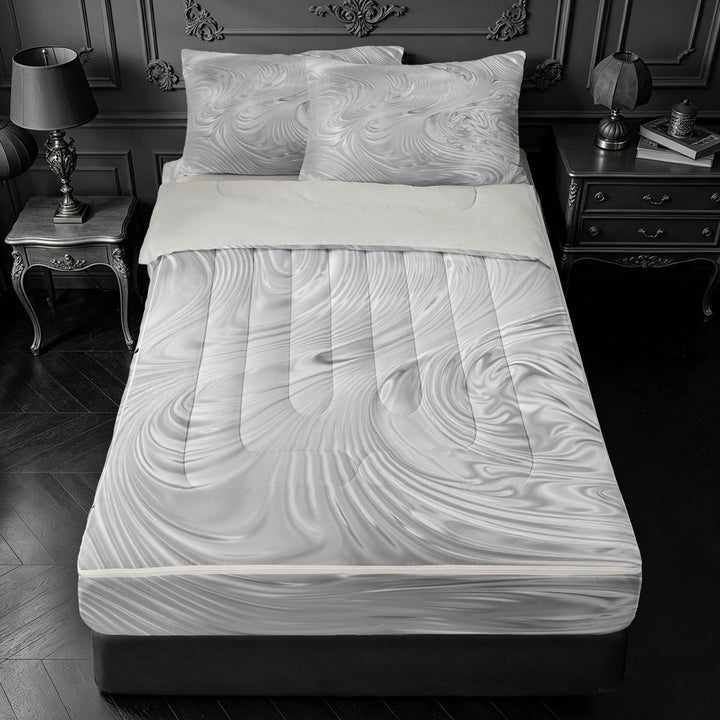 meiyoeat Silver Swirl Striped Zipper Twin Comforter Sets with Fitted Sheet and 2 Pillowcases,Modern Minimalist Artwork Zipper Bedding Set For Girls,Light Gray Reversible,4pcs