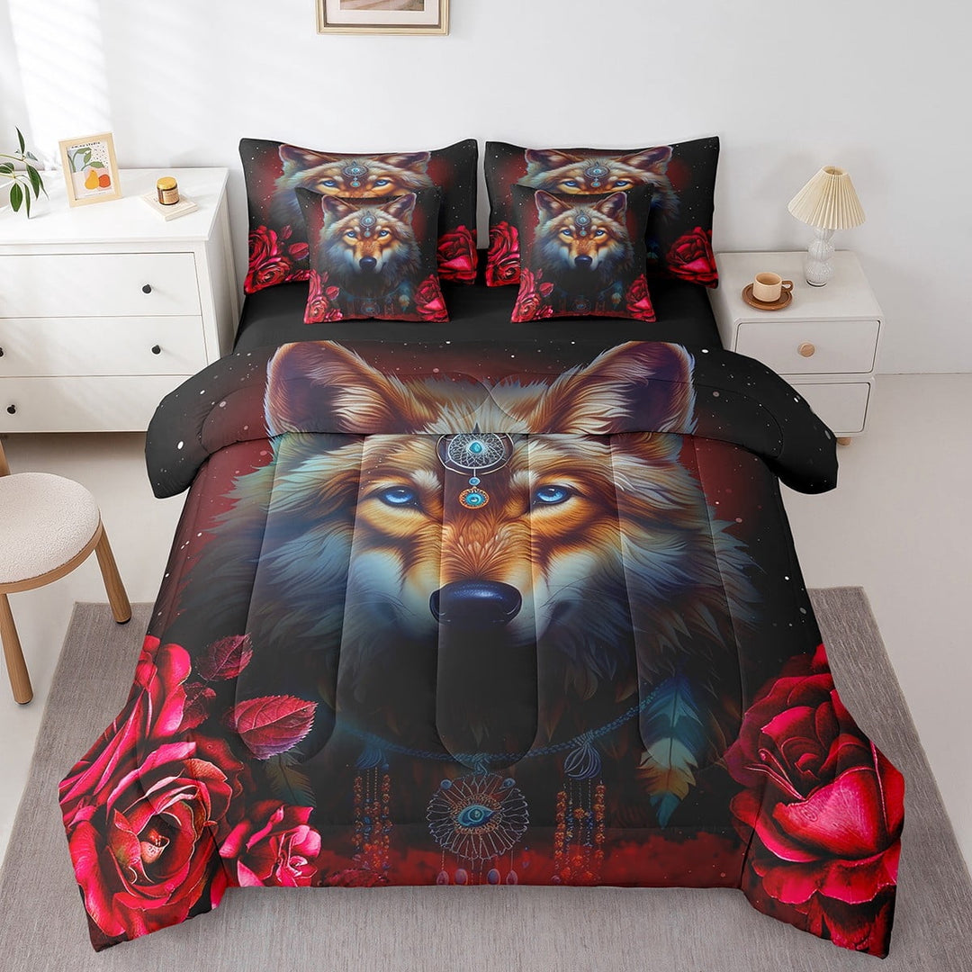 Exotic Wolf 7 Piece Comforter Set Full Bed in a Bag,Gothic Sheet Set with Comforter,Red Rose Bedding Sets,Bohemian Flowers Bed Set Goth American Animals Room Decor