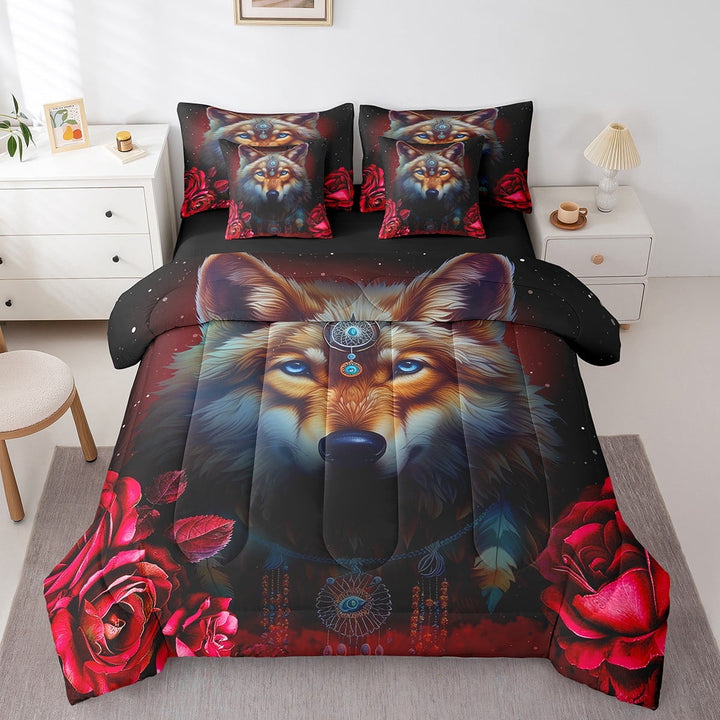 Exotic Wolf 7 Piece Comforter Set Full Bed in a Bag,Gothic Sheet Set with Comforter,Red Rose Bedding Sets,Bohemian Flowers Bed Set Goth American Animals Room Decor