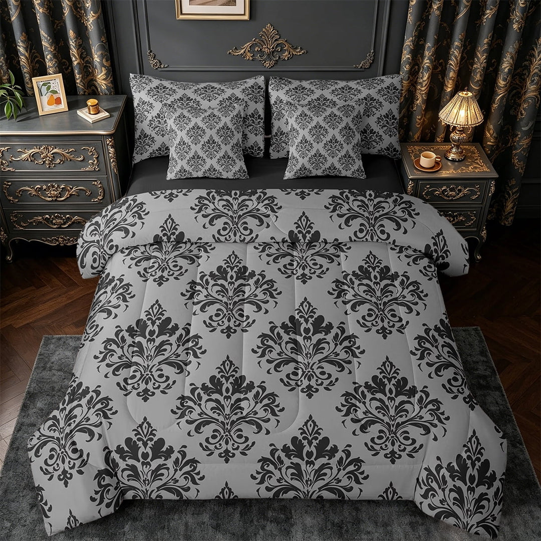 Erosebridal Victorian Damask Flower Bed in a Bag Twin Size,Gray Black Bed Set,Gothic Theme Bedding Twin Size,Ultra Soft Bedroom Decorative Reversible,7 Pieces