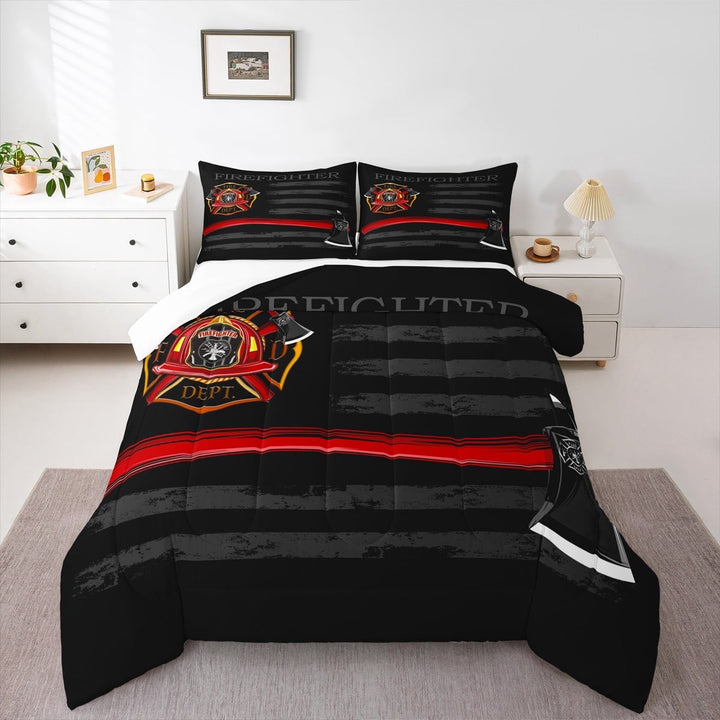 Firefighter Comforter Set Twin Size,American Flag Geometric Stripes Bedding Set,Boys Girls Adults Room Decor,Fire Fighting Truck Tools Down Comforter,Red Black Fashion Duvet Insert