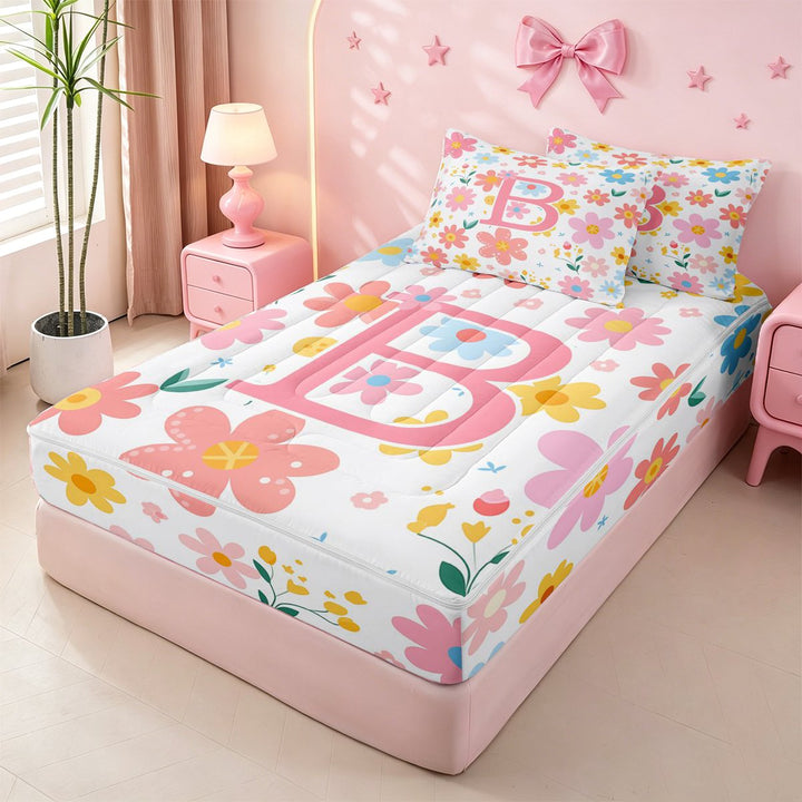 meiyoeat Colorful Cute Floral Print Zipper Twin Comforter Sets with Fitted Sheet and 2 Pillowcases For Kids,Pink Initial B Alphabet Design Zipper Bedding Set For Girls,pink Reversible,4-Piece