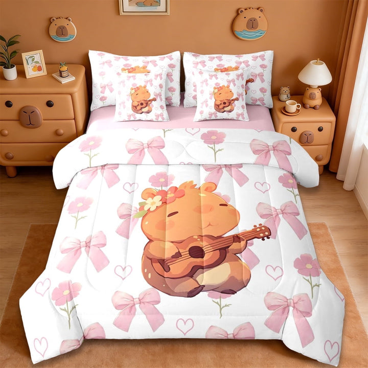 Erosebridal Cute Cartoon Capybara 7-Piece Twin Bedding Sets,Music Theme Music Instrument Guitar Bedding Comforter Set For Kids Girls ,Reversible Pink
