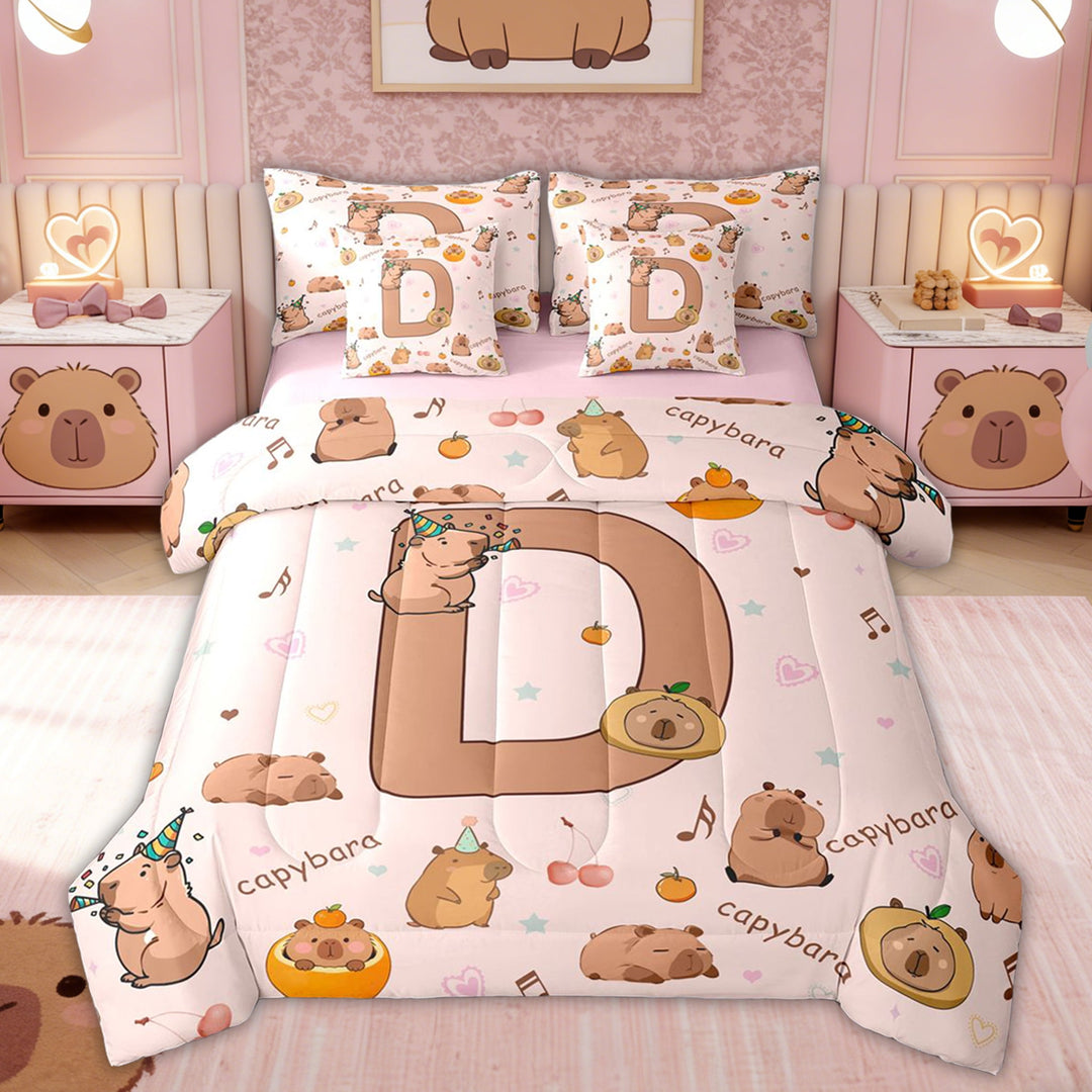 Erosebridal Monogrammed D Kids Twin Bedding Sets, Capybara Aniaml Bedding Comforter Set, Pink Reversible, 7 Pieces