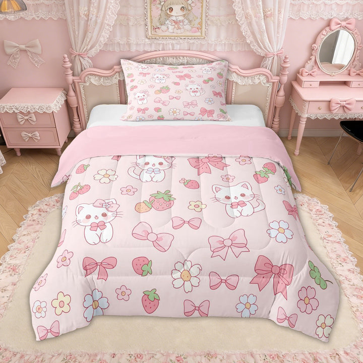 Erosebridal Bowknot Cat Strawberry Twin Comforter Sets for Girls, Cute Groovy Flower Bedding Set, Pink Reversible, 2pcs