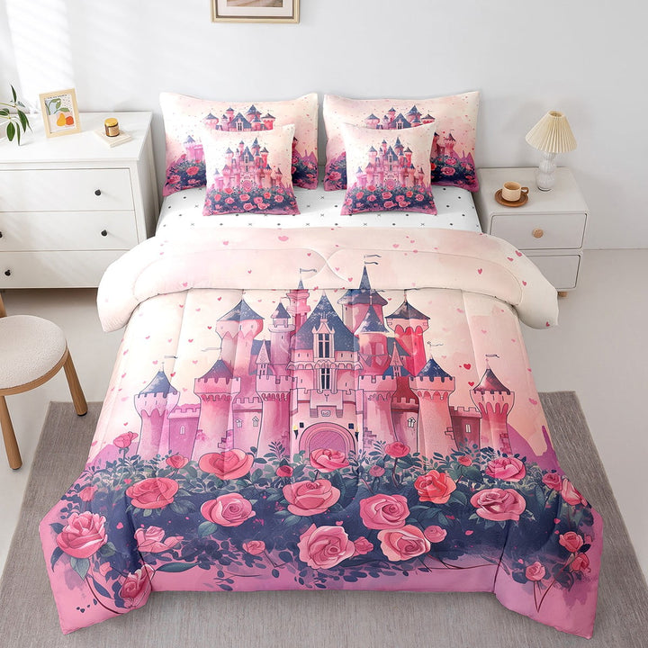 7-Piece Pink Princess Bedding Twin Size Dreamy Castle Comforter Set, Fairy Tales Bedding Comforter Sets Romantic Rose Floral Bed in a Bag, Love Hearts Flowers Bedding Accessories