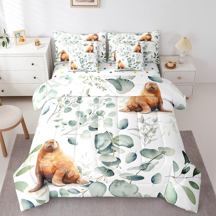 Cartoon Seal Bed in a Bag 7-Piece Ocean Wildlife Bedding Set, Spring Plant Twin Size Comforter Set Eucalyptus Leaf Bedding Comforter Sets, Sea Animal Theme Bed Set Room Decor