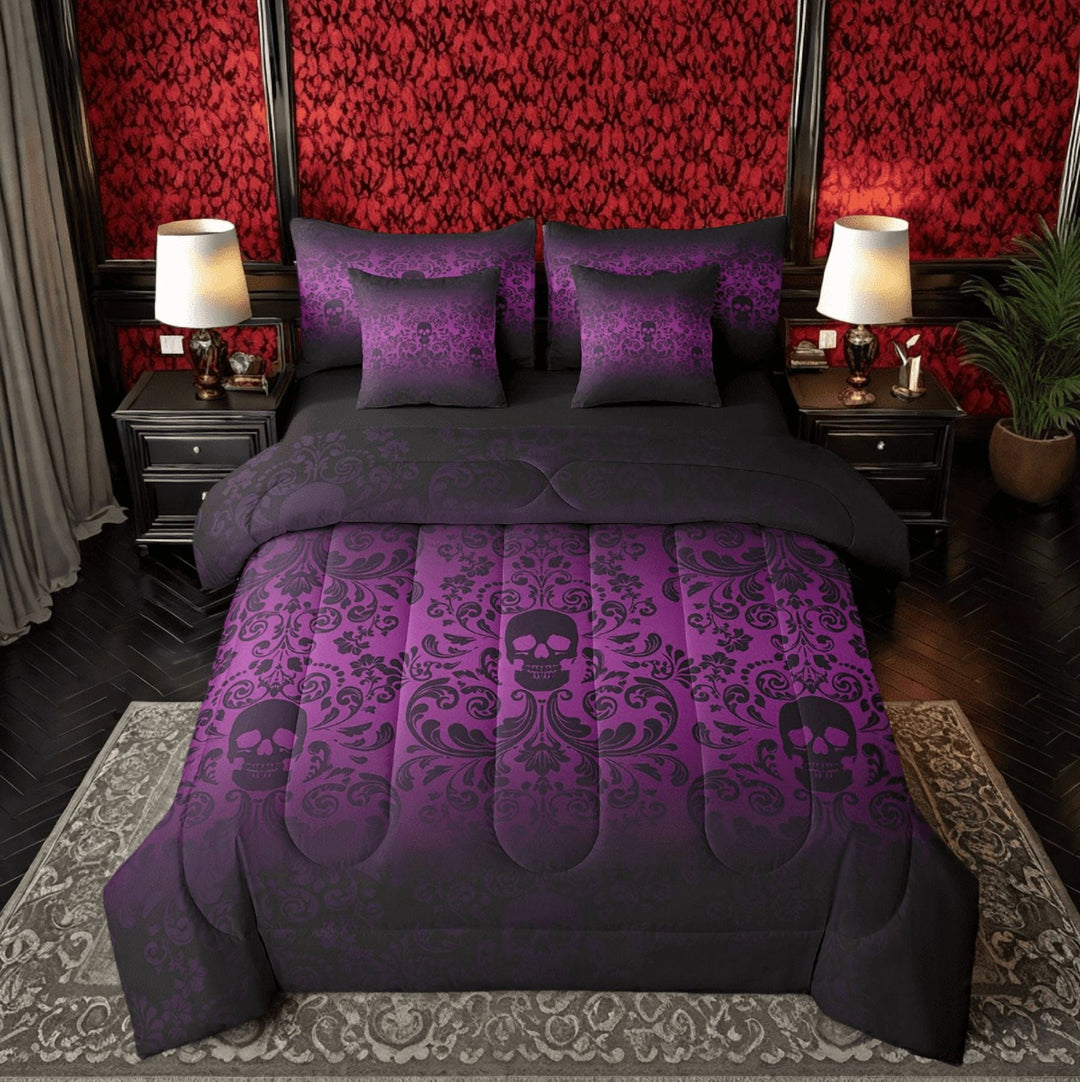 Damask Gothic Bedding Set Adults Antique Victorian Bed in a Bag King Size Comforter Set 7 Pieces,Lilac Purple Sugar Skull Sheet Set Vintage Floral Goth Bed Set,Bone Skeleton Bohemian Decor