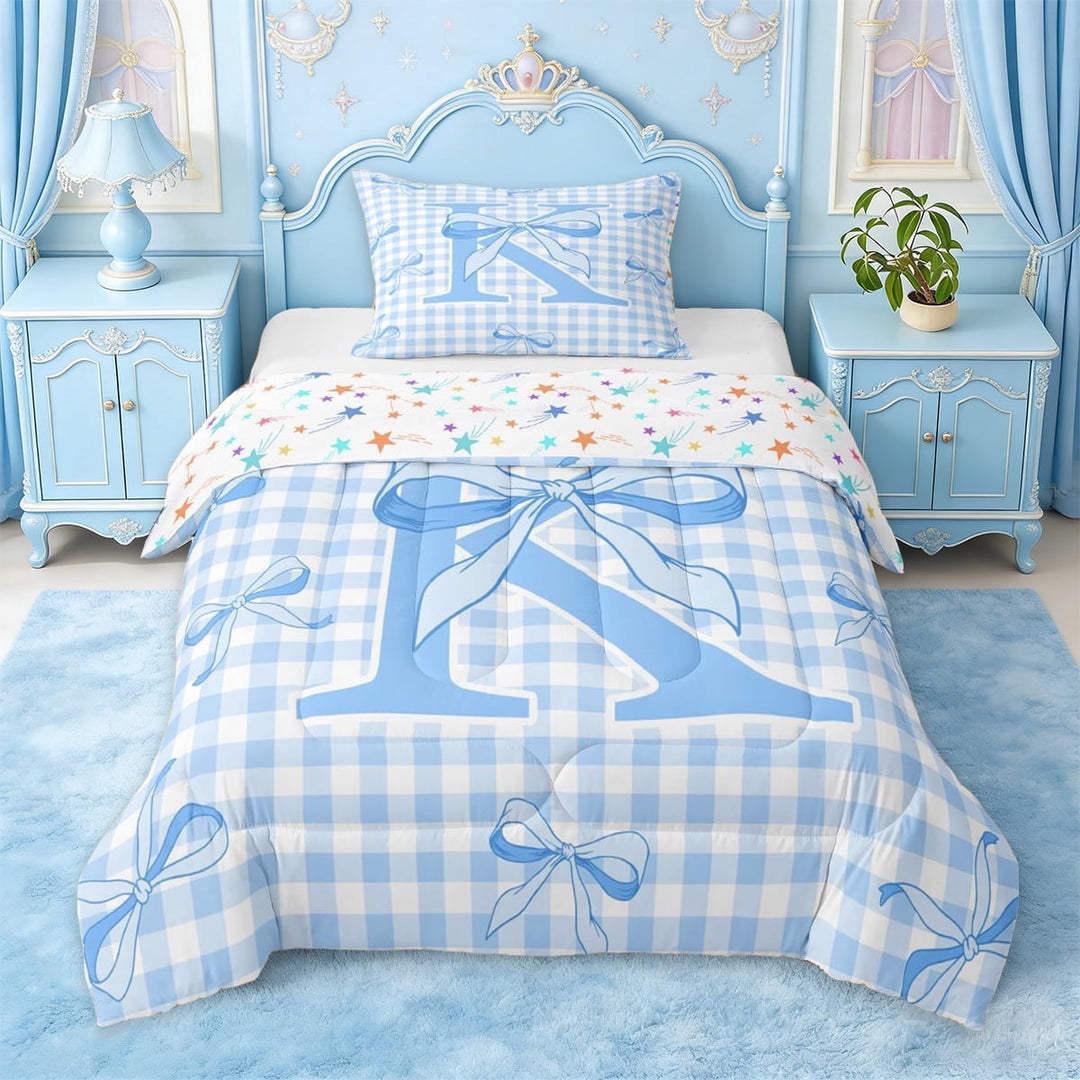 Erosebridal Cute Princess Bowknot Twin Comforter Sets For Kids,Blue Letter K Initial Kids Bedding Set,Colorful Stars Reversible,2-Piece