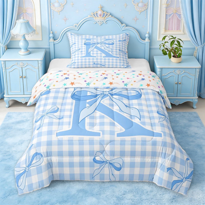 Erosebridal Cute Princess Bowknot Twin Comforter Sets For Kids,Blue Letter K Initial Kids Bedding Set,Colorful Stars Reversible,2-Piece