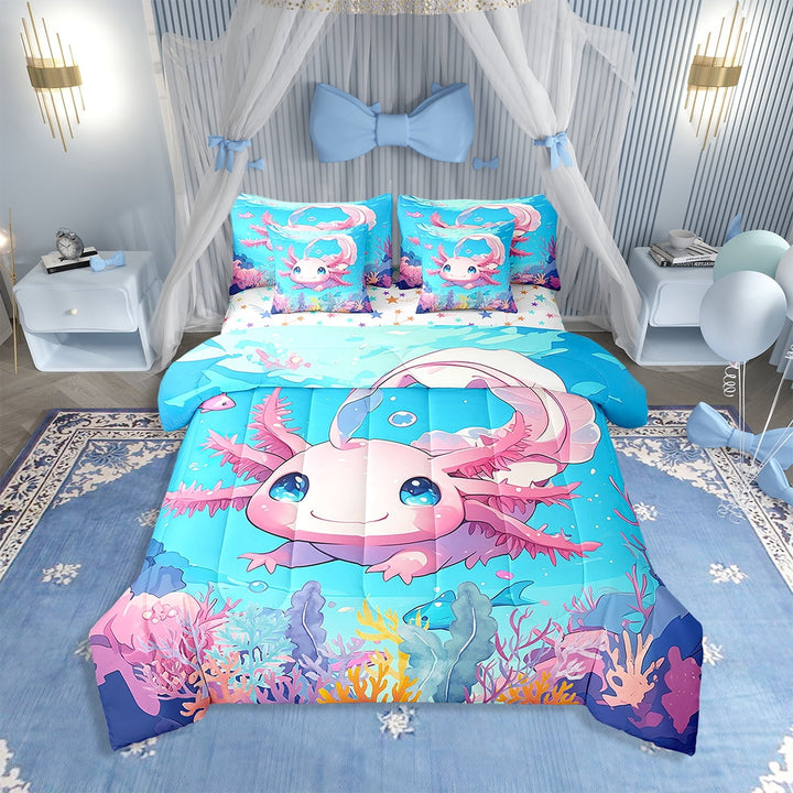Erosebridal Axolotl Comforter Set with Sheets Cute Cartoon Axolotl 7 Piece Bedding Set Twin Size Sea Shell Bed in a Bag Soft Cartoon Sea Animals Bedding Comforters
