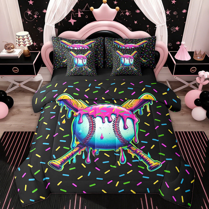 Erosebridal Kawaii Ball Kids Twin Bedding Sets, Ice Cream Baseball Bedding Comforter Set, Black Reversible, 7-Piece
