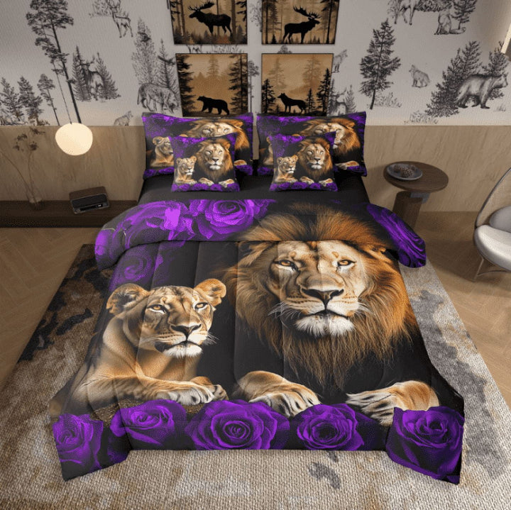 Lion Bed in a Bag King Size Comforter Set 7 Pieces,Purple Rose Bedding Sets,Western Sheet Set with Comforter African Animals Bed Set,Wildlife Flowers Room Decor