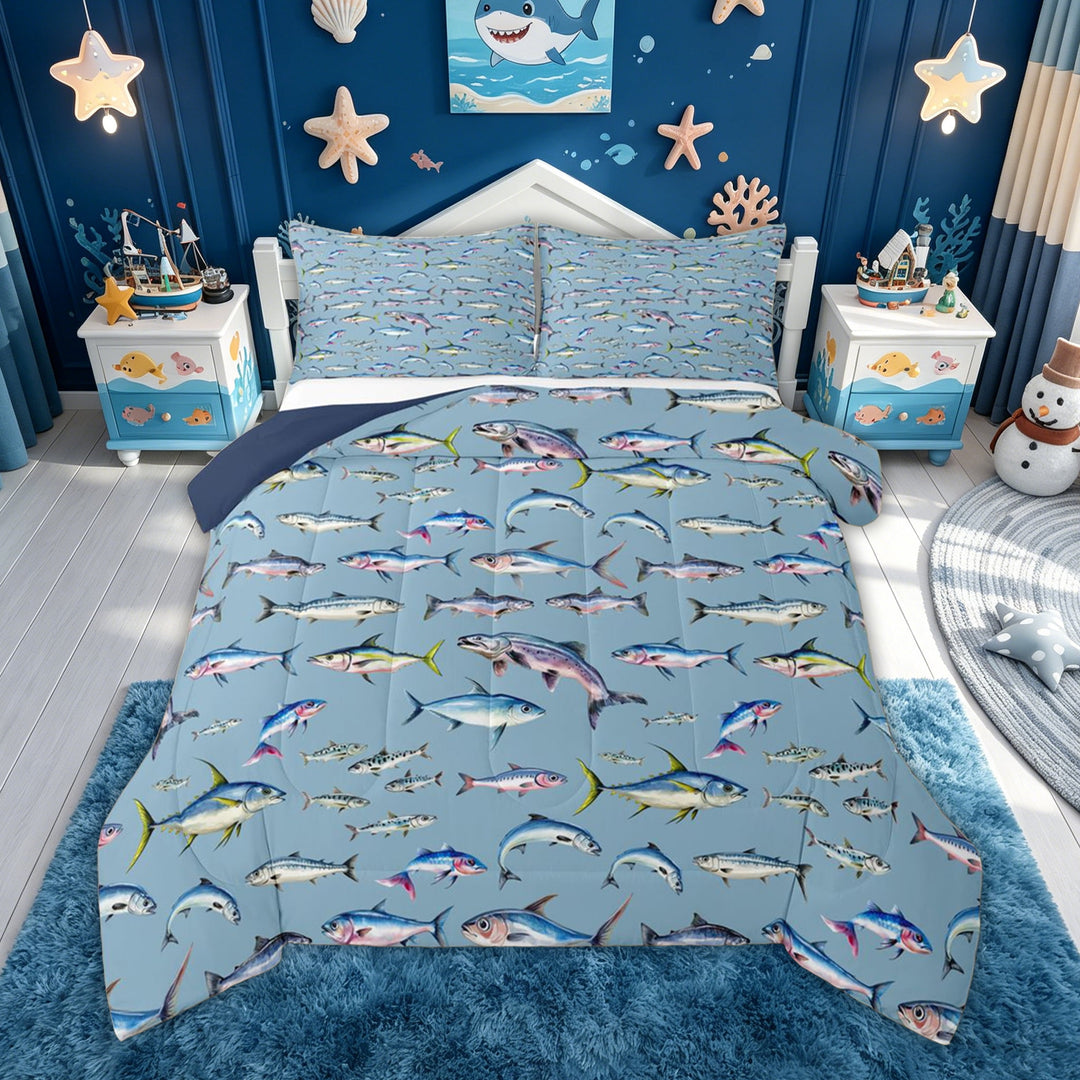 meiyoeat Tropical Fish Full Size Comforter Sets for Kids, Watercolor Starfish Animal Bedding Comforter Set, Blue, Blue Reversible, 3-Piece, 1 Comforter and 2 Pillowcases