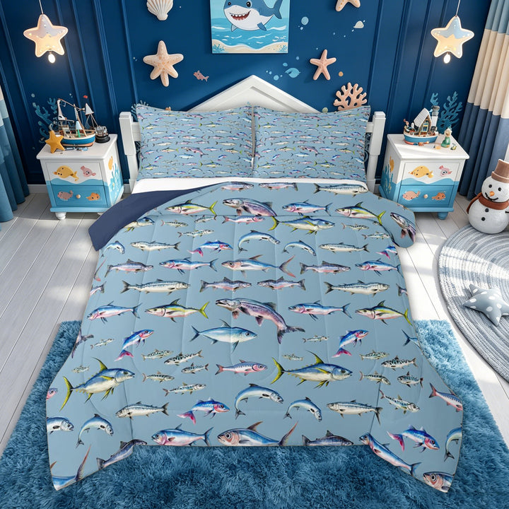meiyoeat Tropical Fish Full Size Comforter Sets for Kids, Watercolor Starfish Animal Bedding Comforter Set, Blue, Blue Reversible, 3-Piece, 1 Comforter and 2 Pillowcases