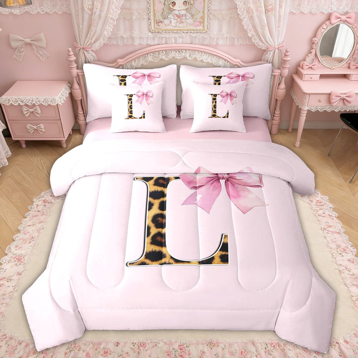 Erosebridal Watercolor Bowknot Twin Bedding Sets, Leopard Print Letter L Bedding Comforter Set for Girls Kids, Pink Reversible, 7-Piece
