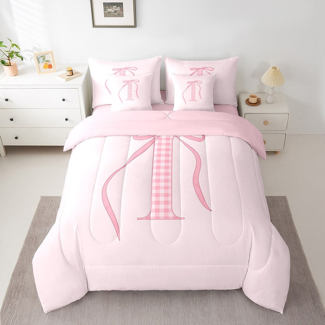 Erosebridal Girly Pink Bow-tie Bed in a Bag Twin size, Initial A to Z Bed Set, Initial I Decor, Reversible 7pcs