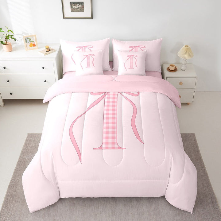 Erosebridal Girly Pink Bow-tie Bed in a Bag Twin size, Initial A to Z Bed Set, Initial I Decor, Reversible 7pcs