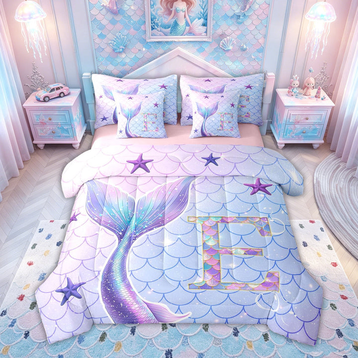 meiyoeat Mermaid Scale E Initial Full Size Bedding Sets for Girls, Ocean Starfish Full Size Bed in a Bag, Purple Blue, Pink Reversible, 7 Pieces