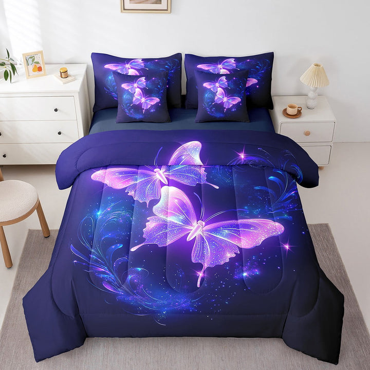 Girly Butterfly Comforter Set Full,Blue Purple Moth Bedding Set Teens,Dreamy Wildlife (Comforter+Fitted+Flat Sheet+2 Pillowcases+2 Throw Pillow Covers) 7 Pieces Black Bed Set