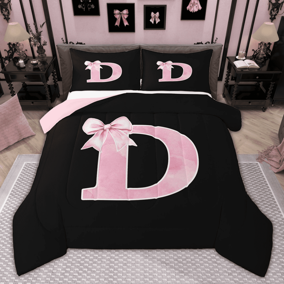Manfei Monogrammed Girl Bedding Comforter Set, Personalized Initial D Twin Comforter Sets, Princess Bow Knot Bedding Set, Black Pink Bedroom Decor, Reversible 2 Pieces