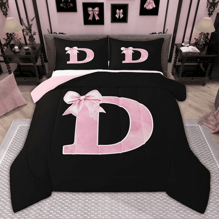 Manfei Monogrammed Girl Bedding Comforter Set, Personalized Initial D Twin Comforter Sets, Princess Bow Knot Bedding Set, Black Pink Bedroom Decor, Reversible 2 Pieces