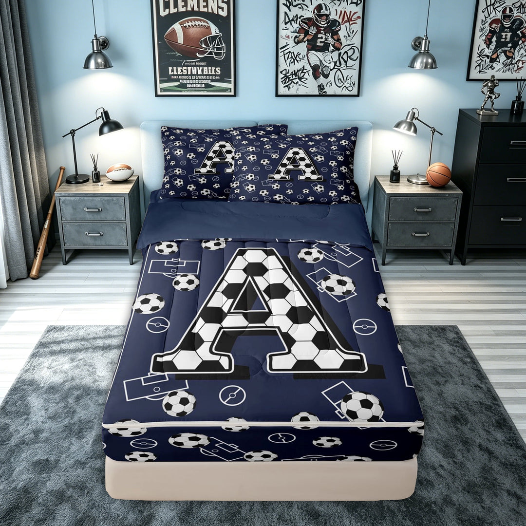 meiyoeat Soccer Letter A Zipper Comforter Set with Fitted Sheet and 2 Pillowcases for Boys, Ball Field Zipper Bedding Set for Bedroom, Navy Blue, Blue Reversible, 3 Pieces