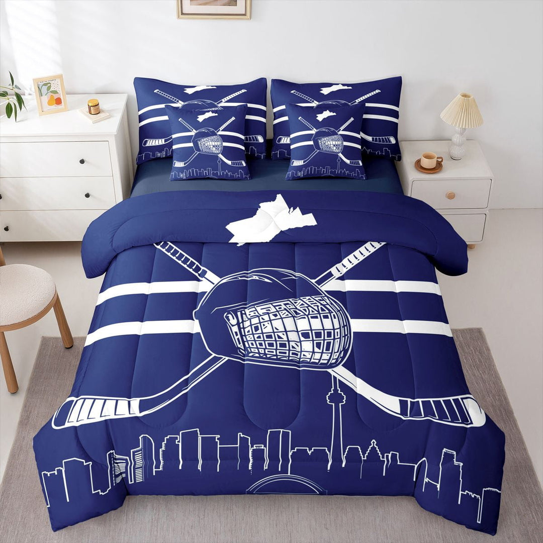 Ice Hockey Bedding 7PCS Twin Size Comforter Sets Hockey Bedding Sets Winter Sports Bed in a Bag(1Comforter,1Flat Sheet, 1Fitted Sheet, 2Pillowcases,2 Throw Pillow Covers),Toronto