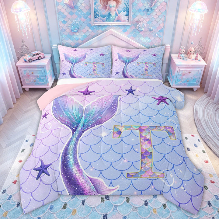 meiyoeat Mermaid Princess Scale Full Size Comforter Sets for Girls, Sparkle Initial T Bedding Comforter Set for Kids, Purple Blue, Pink Reversible 3 Pieces, 1 Comforter and 2 Pillowcases