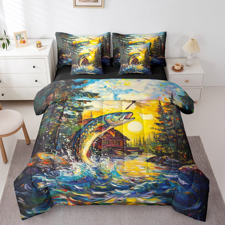 Erosebridal Pike Fish Bedding Sets Twin Size,Lake House Comforter Sets with Sheets,Lodge Cabin Bed in a Bag Twin size,Ultra Soft Rustic Room Decoration,Reversible,7pcs