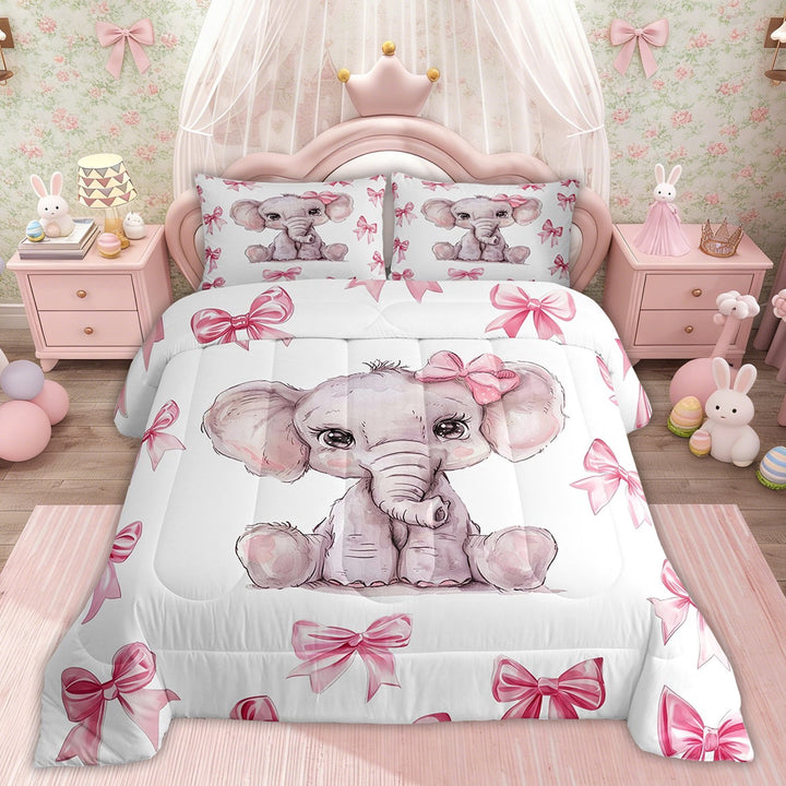 Erosebridal Cute Cartoon Elephant Bedding Twin Comforter Set, Pink Bow Animal Comforter for Kids Girls, Pink Reversible 2pcs