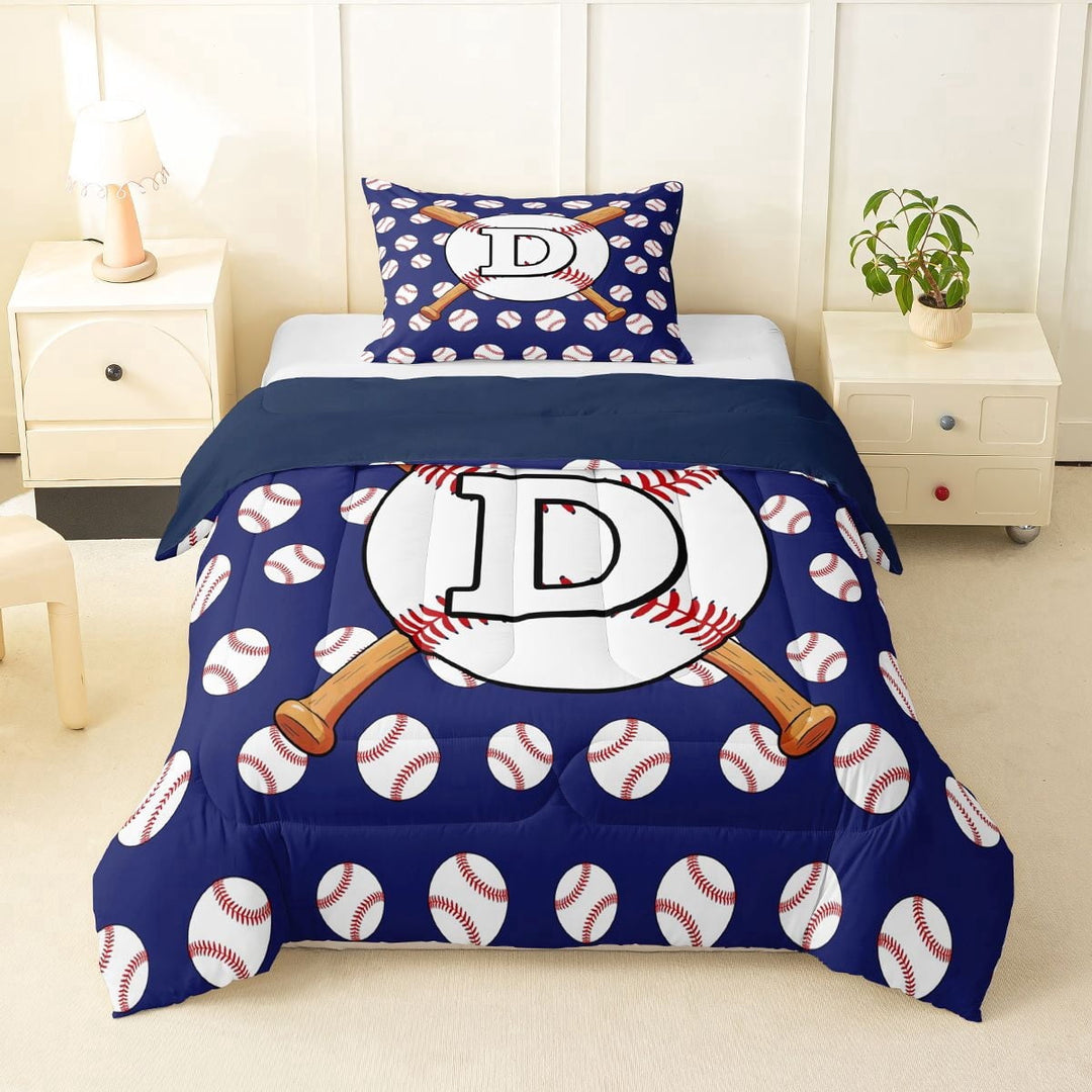 Erosebridal Baseball Gamer D Personalized Initial Twin Comforter Sets 3-Piece for Boys Girls,Sport Theme Bedding Set for Teens,Navy Blue Reversible,Microfiber Bedroom Decor