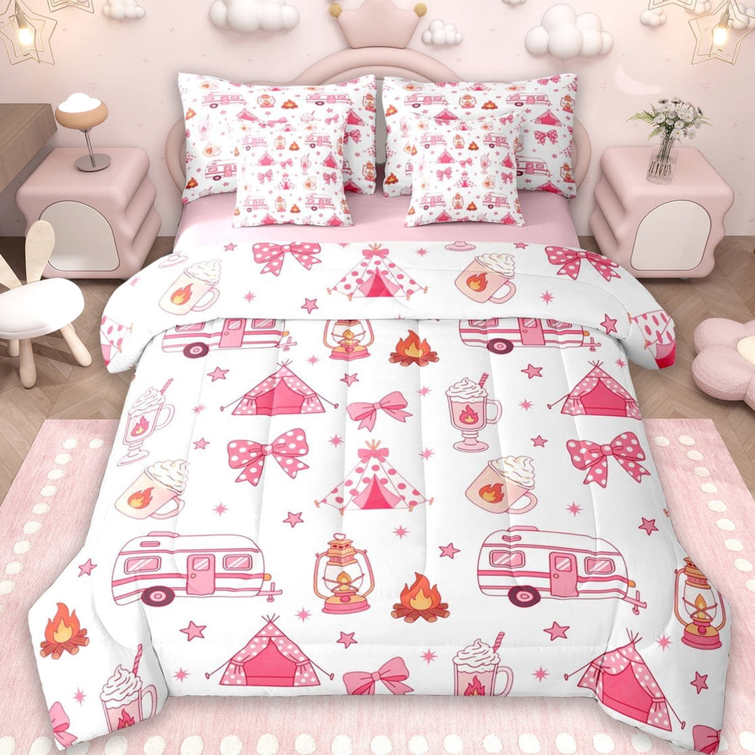 Erosebridal Kids Pink Camper 7-Piece Twin Bedding Sets For Travel Trailers,Cute Polka Dot Bowknot Bedding Comforter Set For Girls,Reversible pink